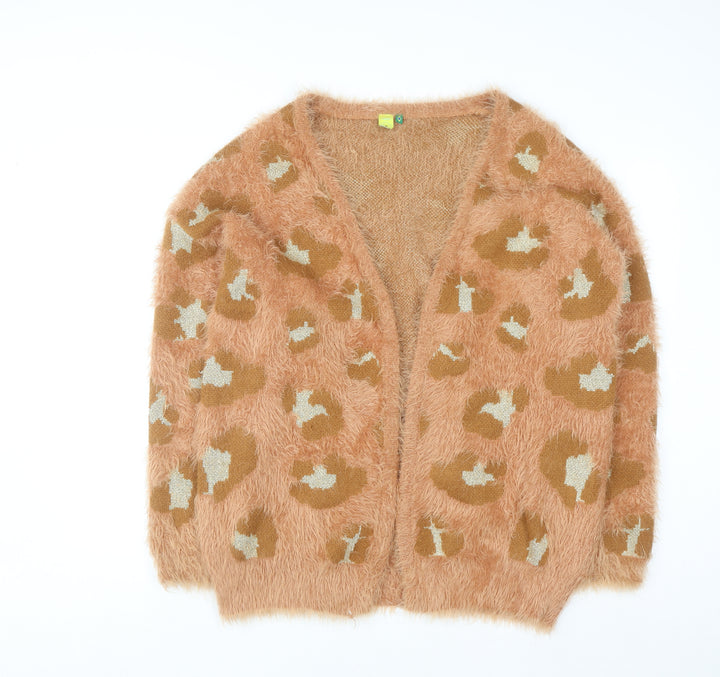FARM Womens Brown Leopard Fluffy Open Knit Cardigan M