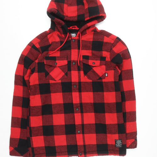 Ecko Unltd Mens Red Black Check Hooded Flannel Shirt Jacket L