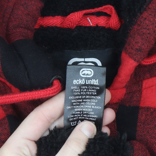 Ecko Unltd Mens Red Black Check Hooded Flannel Shirt Jacket L