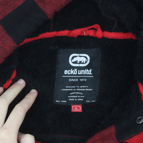 Ecko Unltd Mens Red Black Check Hooded Flannel Shirt Jacket L