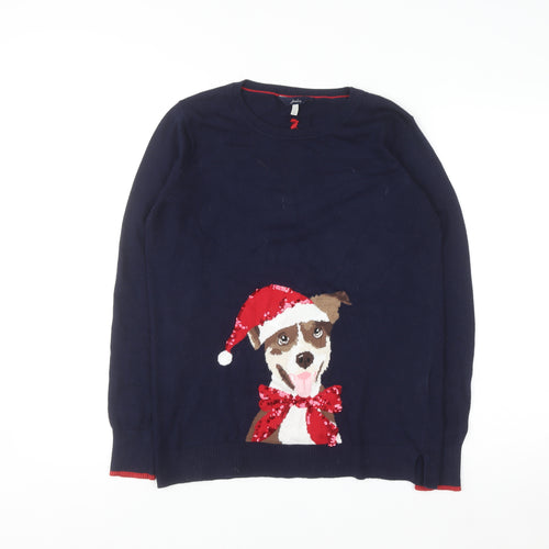 Joules Womens Blue Christmas Dog Sequin Jumper Size 10