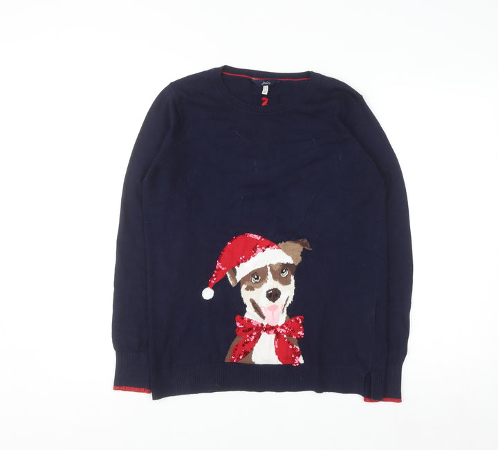 Joules Womens Blue Christmas Dog Sequin Jumper Size 10