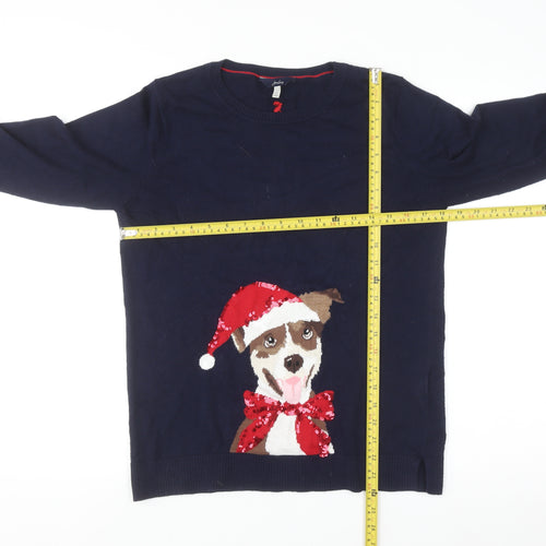 Joules Womens Blue Christmas Dog Sequin Jumper Size 10