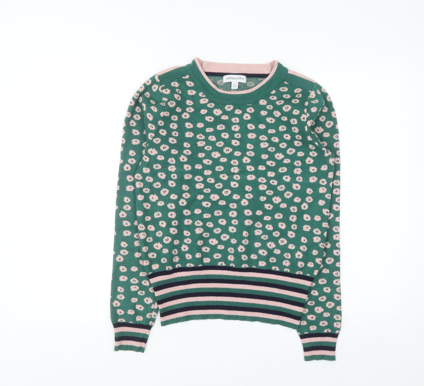 Emily and Fin Women's Green Floral Knit Jumper UK 10 Small Long Sleeve