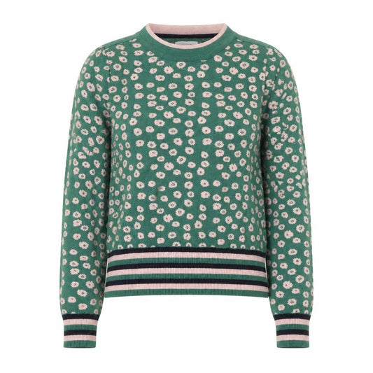 Front view of Emily and Fin Women's Green Floral Knit Jumper UK 10 Small Long Sleeve