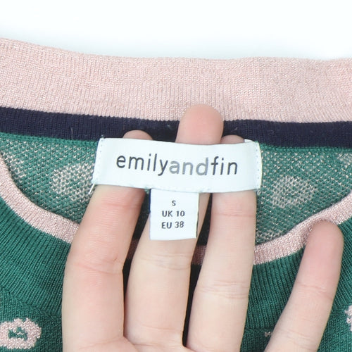 Emily and Fin Women's Green Floral Knit Jumper UK 10 Small Long Sleeve