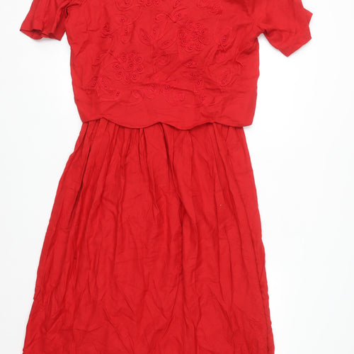 Karin Stevens Women Red Size 8 Fit & Flare Midi Dress Vintage Embroidered