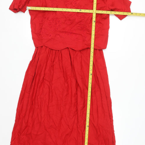Karin Stevens Women Red Size 8 Fit & Flare Midi Dress Vintage Embroidered