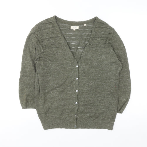 Fat Face Womens Green Cotton V-Neck 3/4 Sleeve Cardigan Size 12