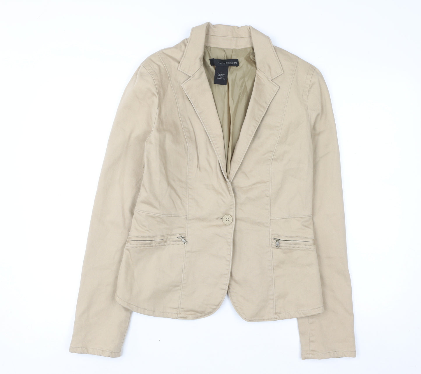 Calvin Klein Jeans Women Beige Blazer Size M Cotton Blend Jacket