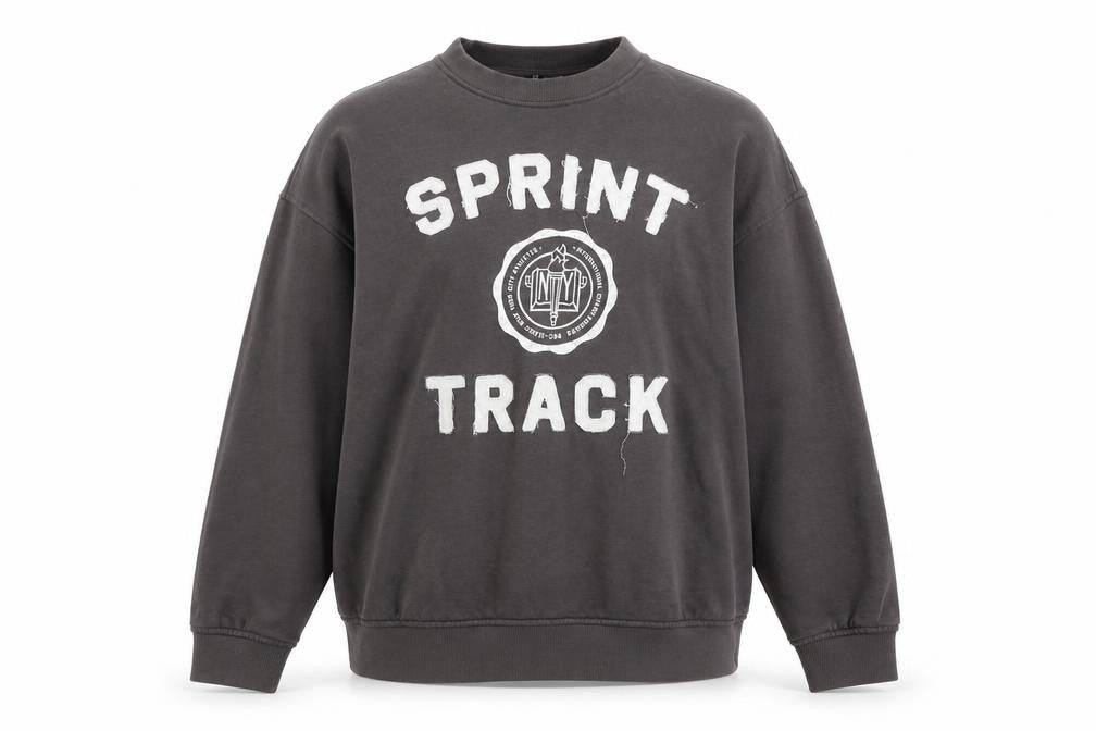 Front view of H&M Divided Women's Grey Pullover Sweatshirt, size 12, Sprint Track Graphic