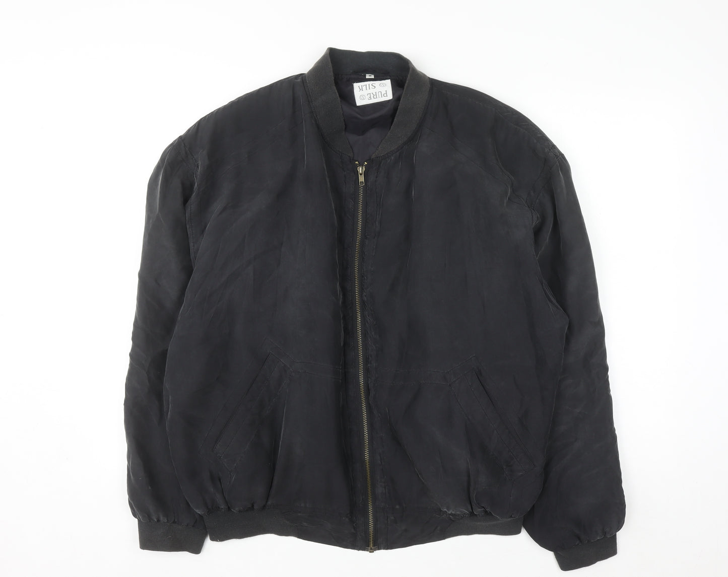 Pure Silk Men's Black Bomber Jacket Size M Full Zip Casual