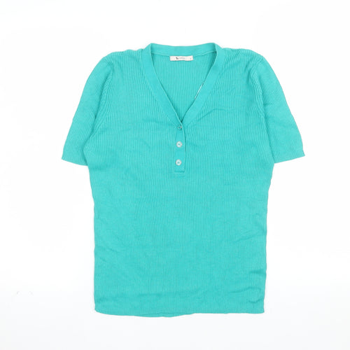 Tu Women Green Size 12 Cotton V-Neck Henley Short Sleeve Jumper