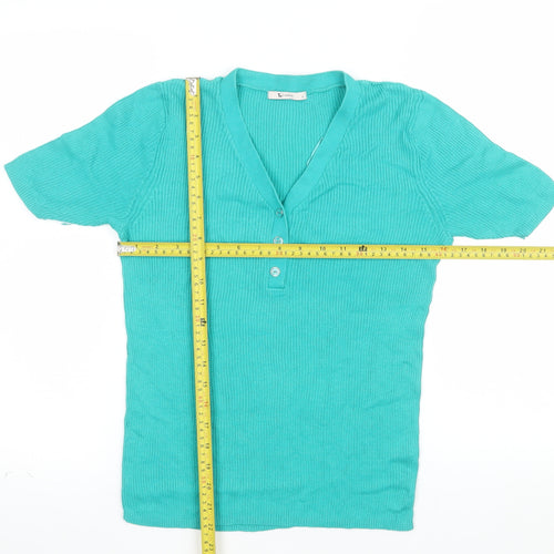 Tu Women Green Size 12 Cotton V-Neck Henley Short Sleeve Jumper
