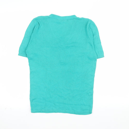 Tu Women Green Size 12 Cotton V-Neck Henley Short Sleeve Jumper