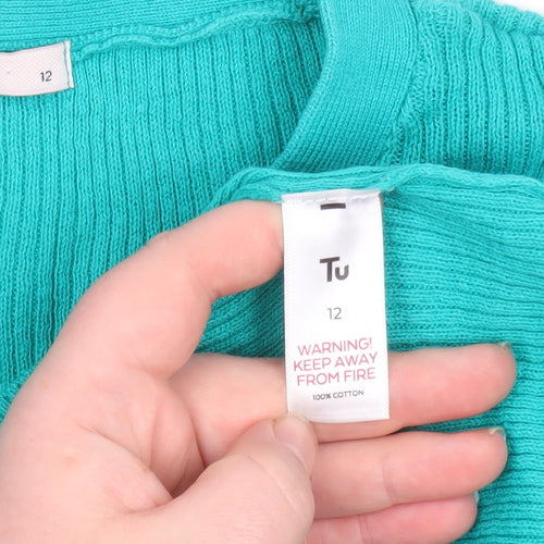 Tu Women Green Size 12 Cotton V-Neck Henley Short Sleeve Jumper