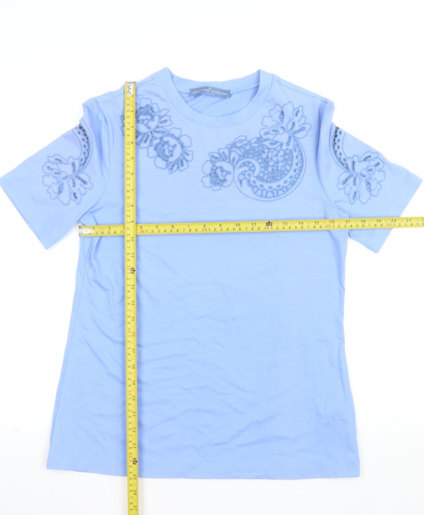 Ermanno Scervino Women Blue Embroidered Cotton T-Shirt UK 14