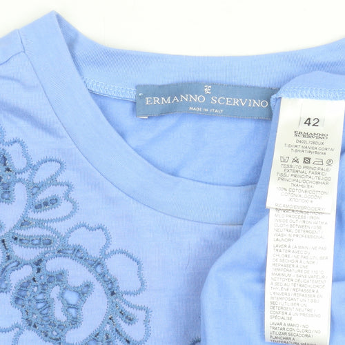 Ermanno Scervino Women Blue Embroidered Cotton T-Shirt UK 14