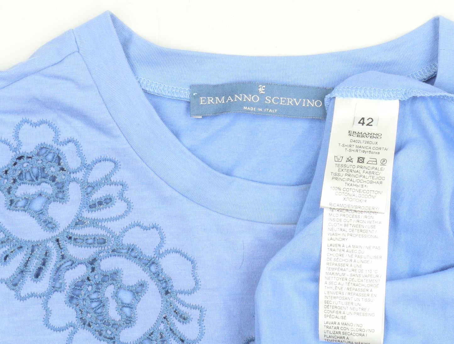 Ermanno Scervino Women Blue Embroidered Cotton T-Shirt UK 14