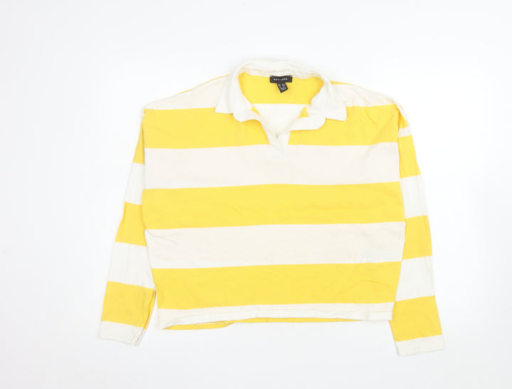 New Look Women's Yellow White Striped Long Sleeve Polo Top UK 12