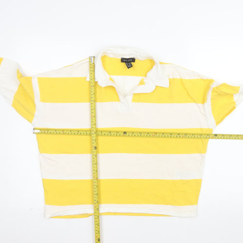 New Look Women's Yellow White Striped Long Sleeve Polo Top UK 12