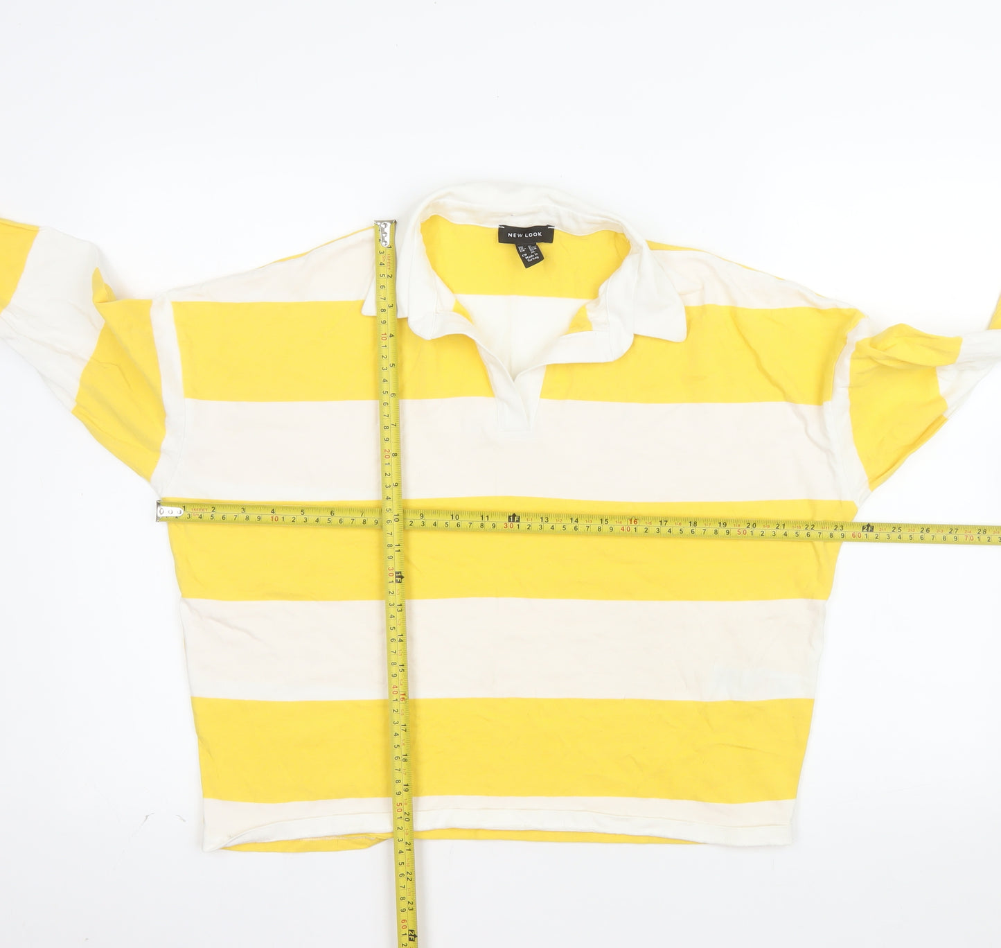 New Look Women's Yellow White Striped Long Sleeve Polo Top UK 12