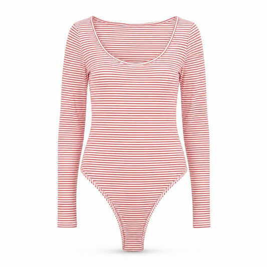 New Look Women's Red White Striped Long Sleeve Bodysuit UK 14
