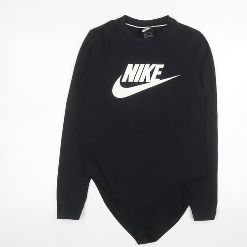 Nike Womens Black Long Sleeve Bodysuit L Cotton Blend Logo Style