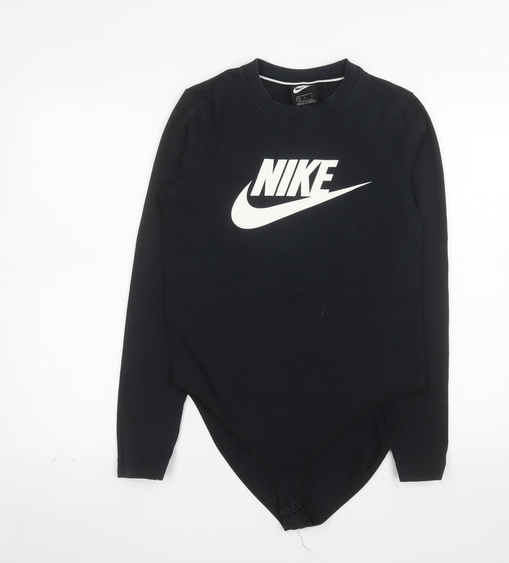 Nike Womens Black Long Sleeve Bodysuit L Cotton Blend Logo Style