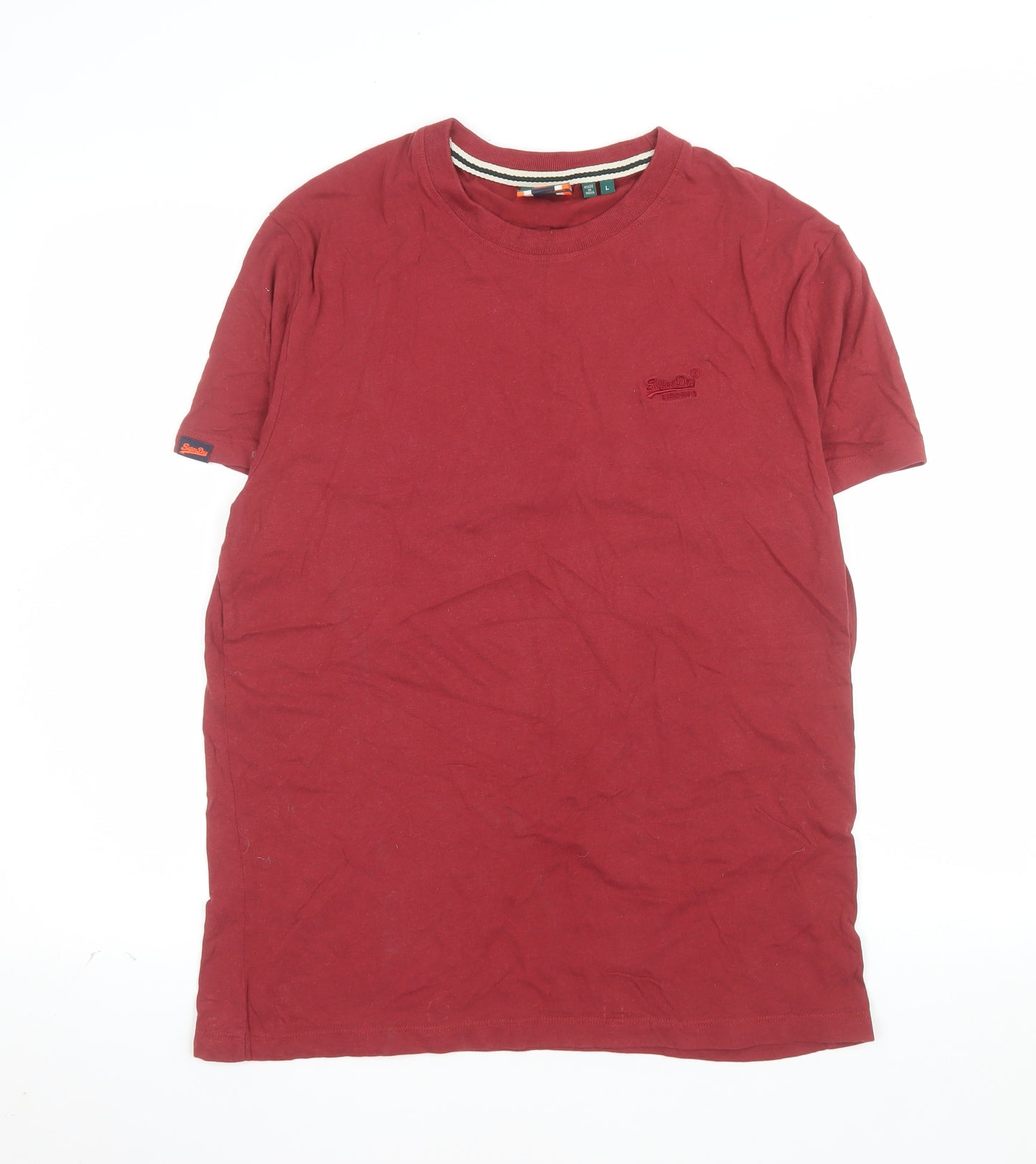 Superdry Men's Red Crew Neck Cotton T-Shirt Size L Classic Style