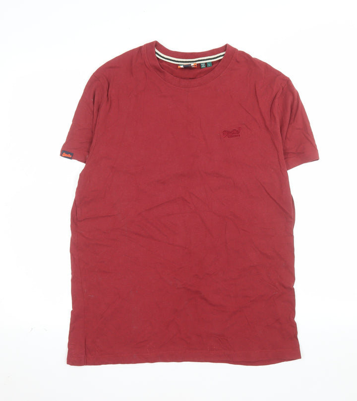 Superdry Men's Red Crew Neck Cotton T-Shirt Size L Classic Style