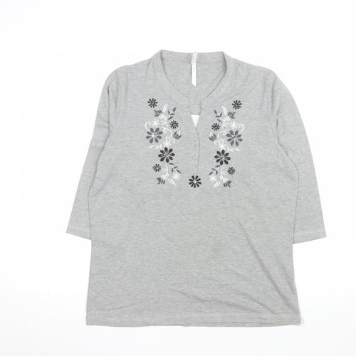 Bm Womens Grey Embroidered 3/4 Sleeve Henley Top Size M