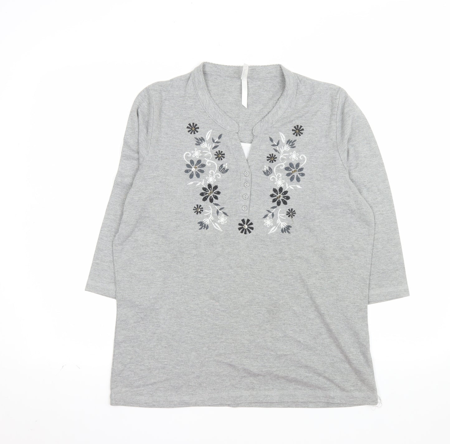 Bm Womens Grey Embroidered 3/4 Sleeve Henley Top Size M