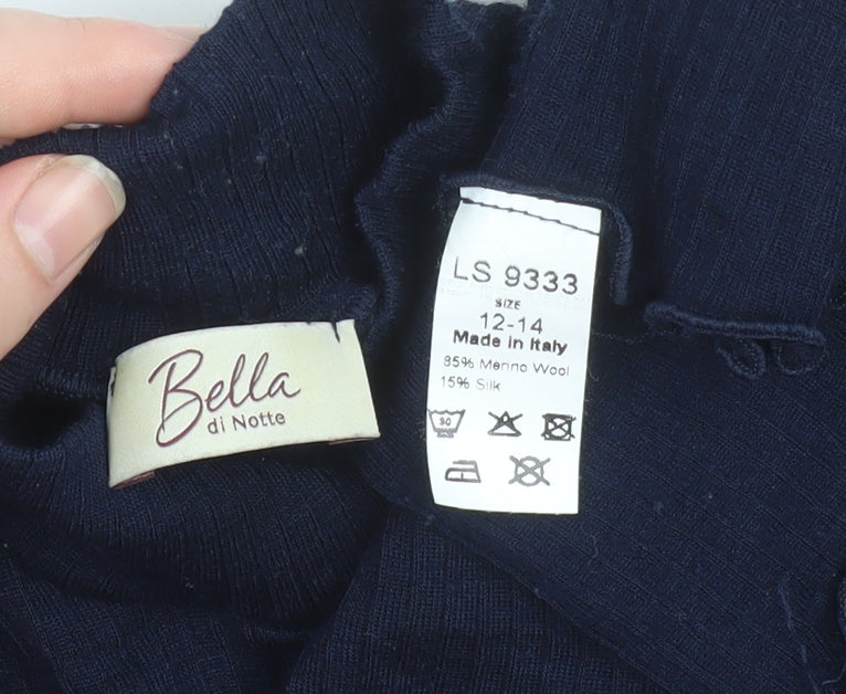 Bella di Notte Women Blue Roll Neck Merino Wool Silk Knit Top Size 12