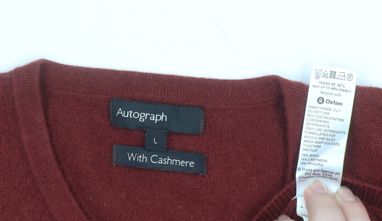 Marks and Spencer Men’s Red Wool Cashmere V-Neck Jumper Size L