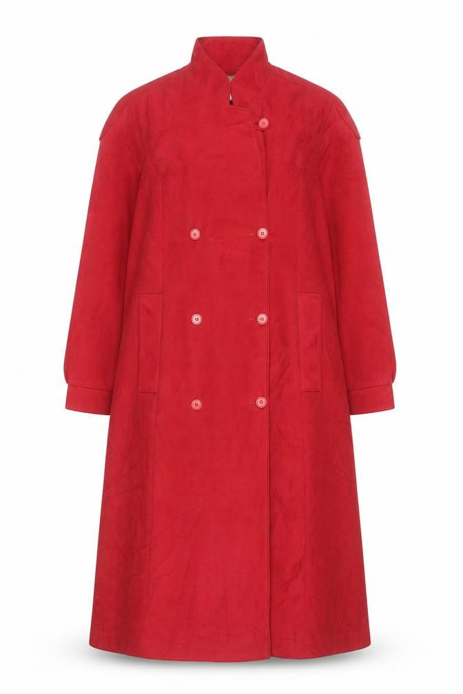 Front view of Croydon women’s red suede long trench coat, size UK 10, classic style