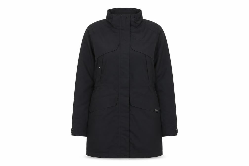 Front view of FarWest Women's Black Long Waterproof Parka Coat, size M