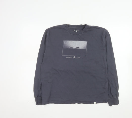 Front view of Carhartt WIP Men's Grey Long Sleeve Graphic Cotton T-Shirt, size S