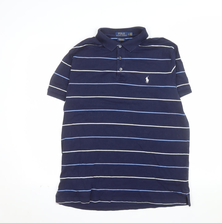Ralph Lauren Men's Navy Blue Striped Slim Fit Polo Shirt Size L