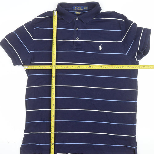 Ralph Lauren Men's Navy Blue Striped Slim Fit Polo Shirt Size L
