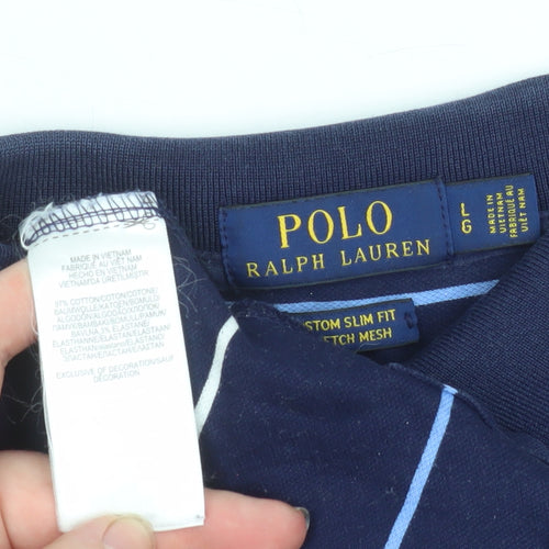 Ralph Lauren Men's Navy Blue Striped Slim Fit Polo Shirt Size L