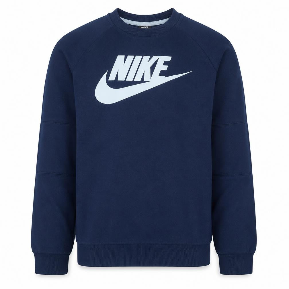 Front view of Nike Men Blue Logo Pullover Sweatshirt M Regular Fit Crew Neck