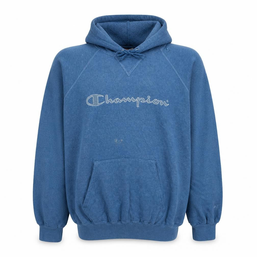 Front view of Champion Men's Blue XL Pullover Hoodie Classic Logo Sweatshirt