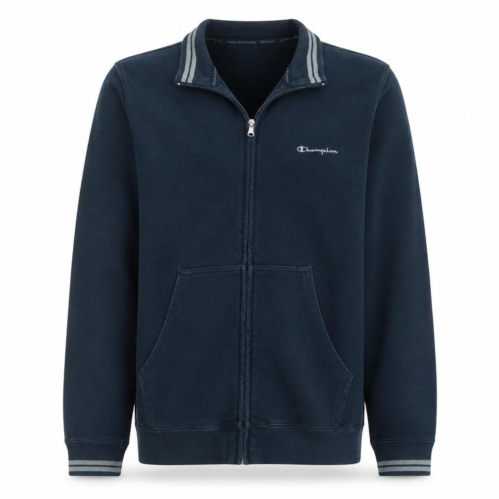 Front view of Champion men’s blue full zip sweatshirt large fleece athletic