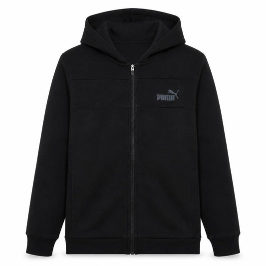 Front view of Puma Men's Black Full Zip Hoodie, size L, Fleece Hooded Sweatshirt