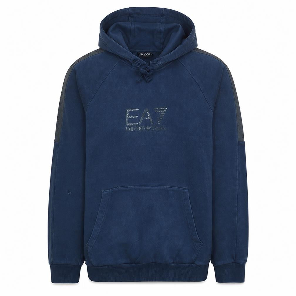 Front view of Emporio Armani EA7 Men Blue Pullover Hoodie Medium Hooded Fleece