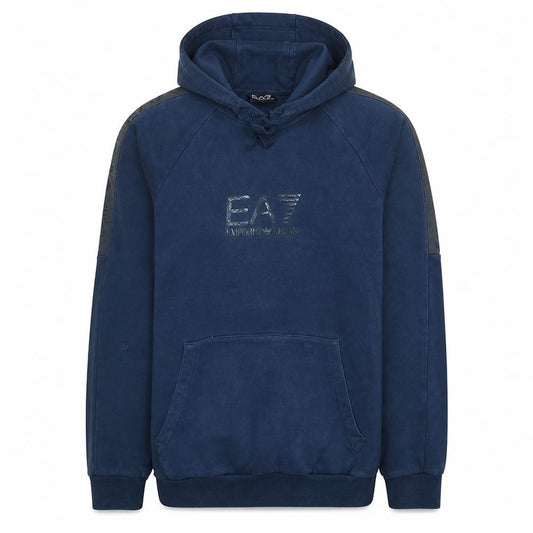 Front view of Emporio Armani EA7 Men Blue Pullover Hoodie Medium Hooded Fleece