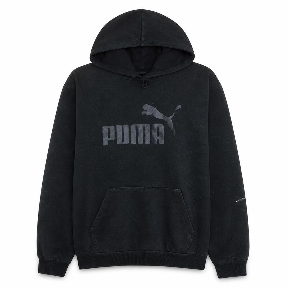 Front view of Puma men’s black pullover hoodie l graphic logo sportswear