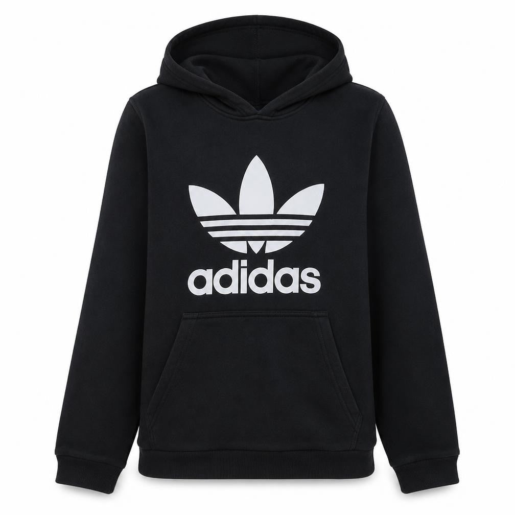 Front view of Adidas Men's Black Pullover Hoodie S Logo Fleece Sweatshirt