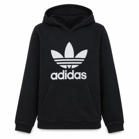 Front view of Adidas Men's Black Pullover Hoodie S Logo Fleece Sweatshirt